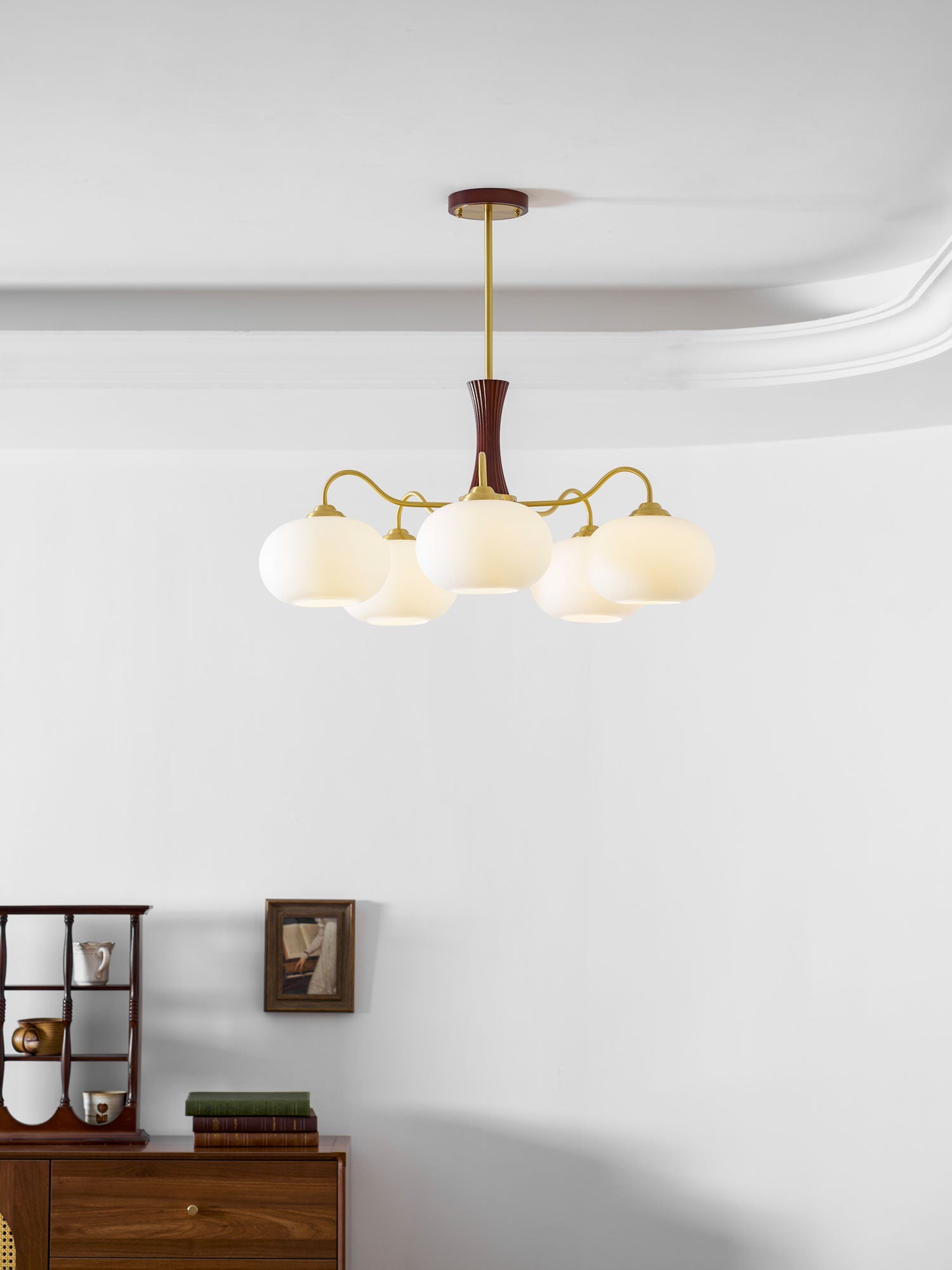Persimmon Brass & Walnut Chandelier