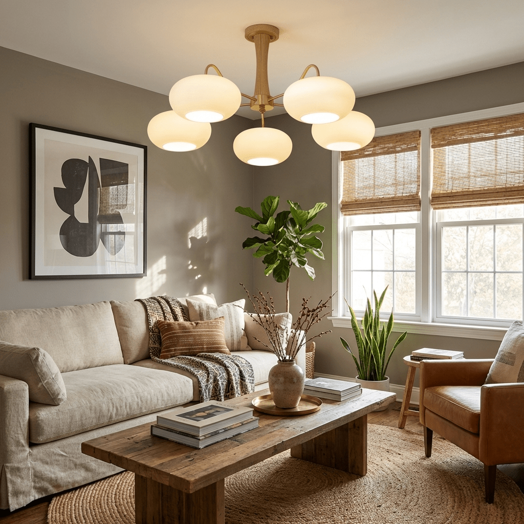 Persimmon Brass & Walnut Chandelier