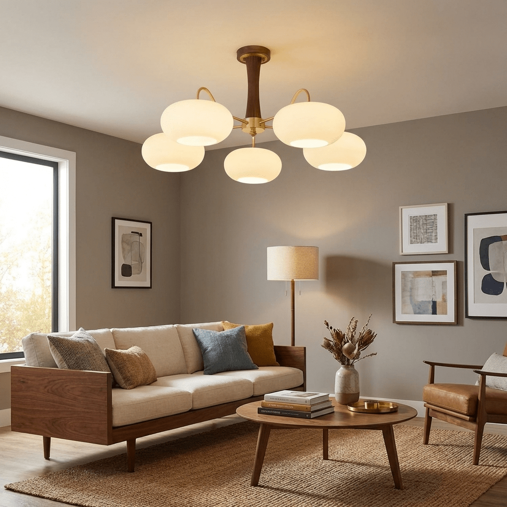 Persimmon Brass & Walnut Chandelier