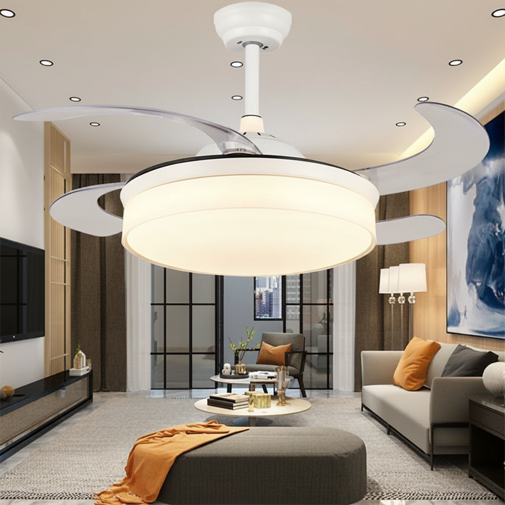 15/19-In Round Drum Shaped LED Nordic Retractable Ceiling Fan with Lights