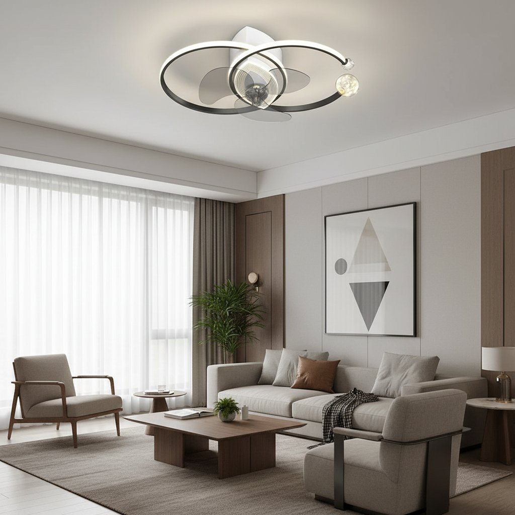 2 Rings Simple Luxury 3 Step Dimming Modern Bedroom Ceiling Fan and Light